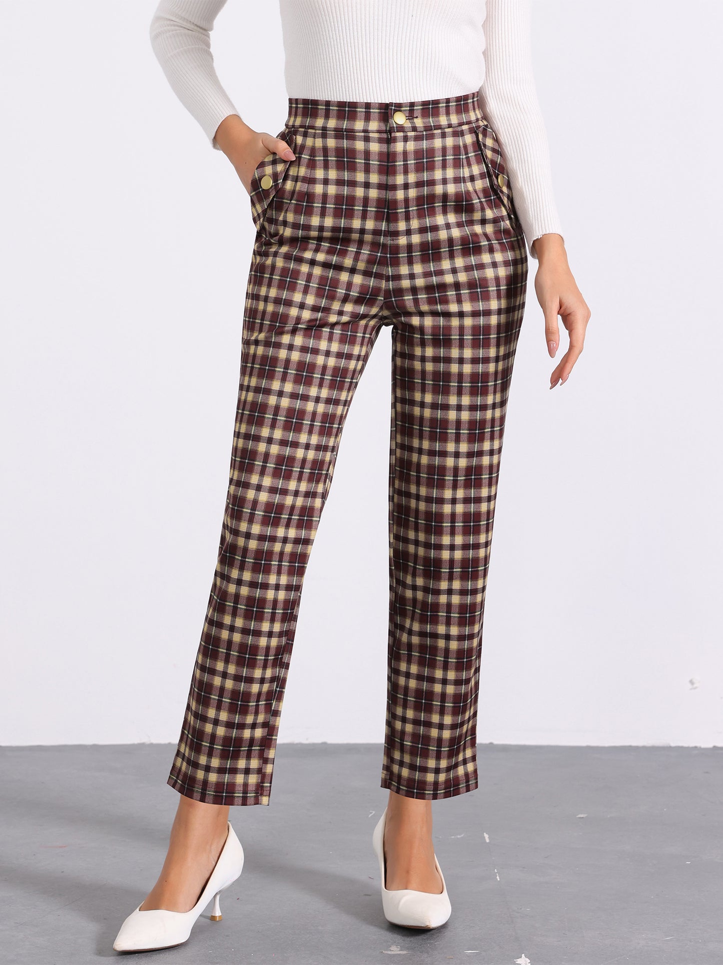Women's Retro Tartan Plaid Pants Elastic Waist Straight Long Trousers