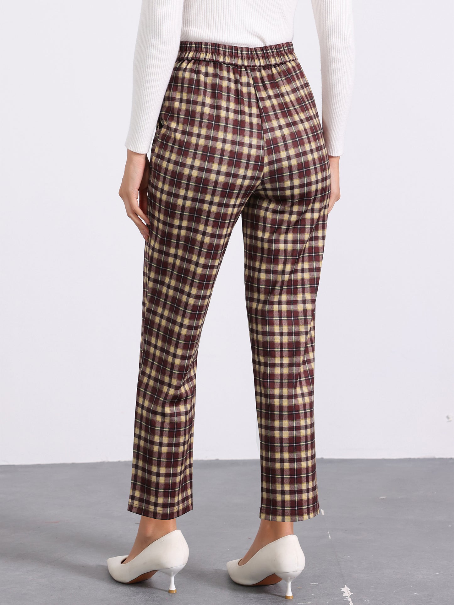 Women's Retro Tartan Plaid Pants Elastic Waist Straight Long Trousers