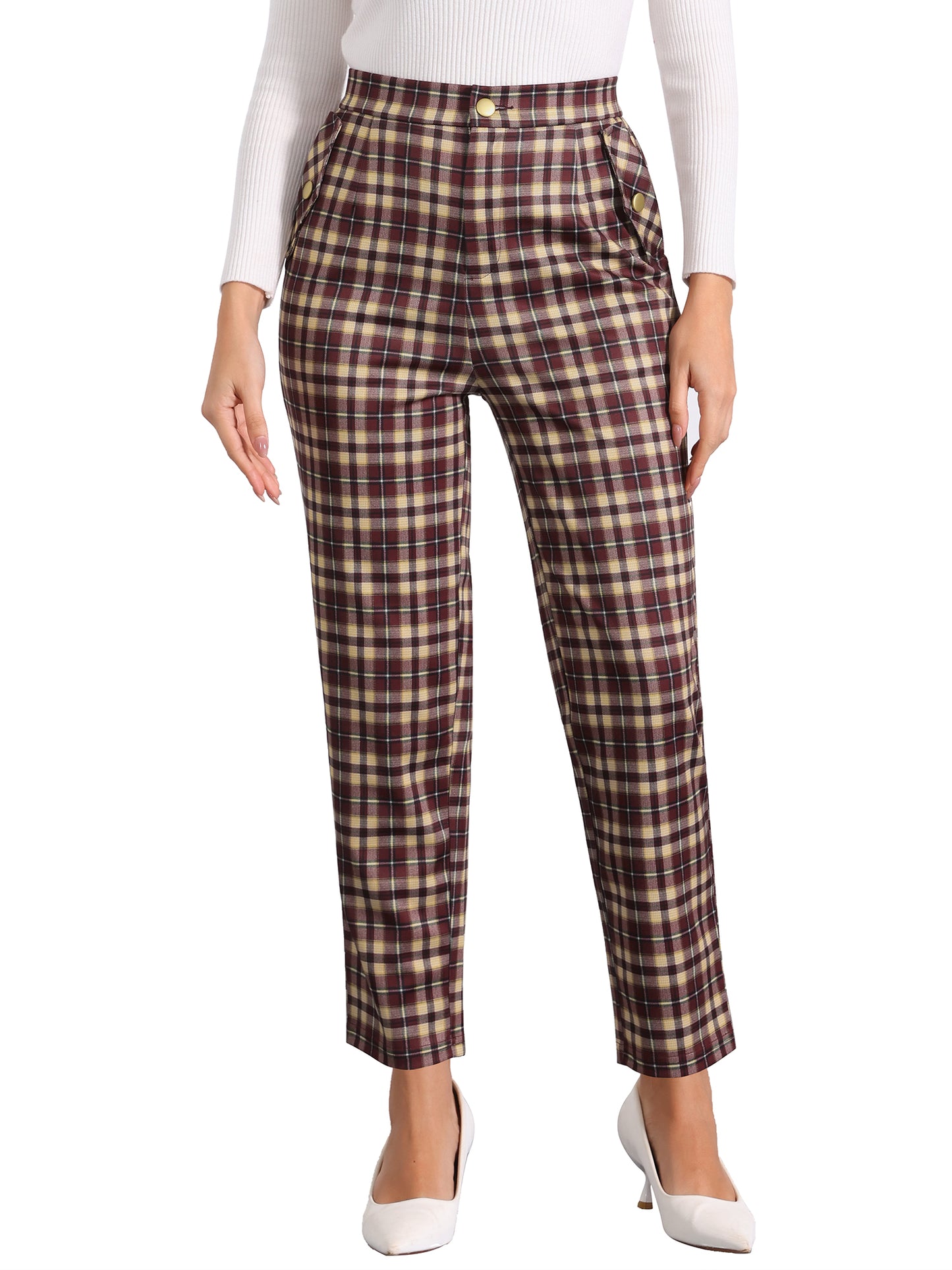 Women's Retro Tartan Plaid Pants Elastic Waist Straight Long Trousers
