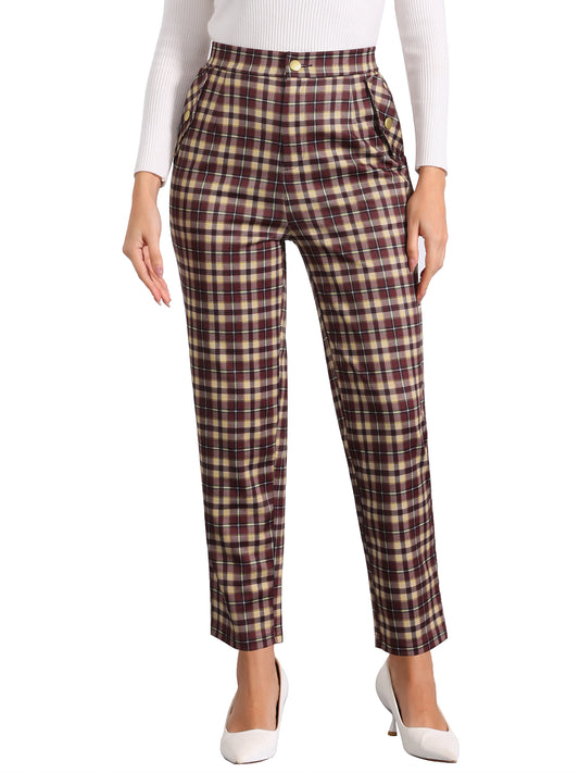 Women's Retro Tartan Plaid Pants Elastic Waist Straight Long Trousers