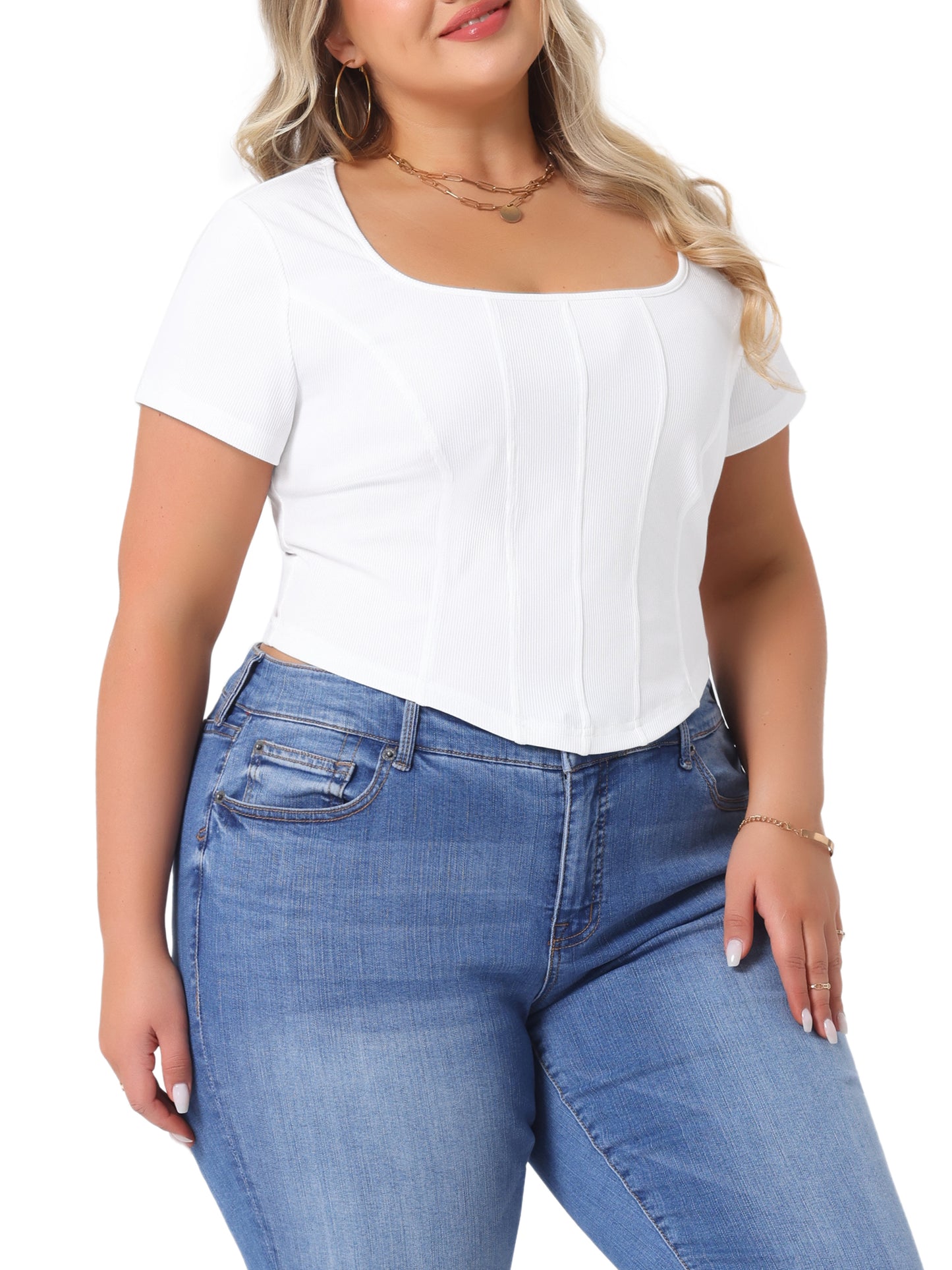 Women Plus Size Top Basic Short Sleeve Square Neck Slim Fitted Crop Tops