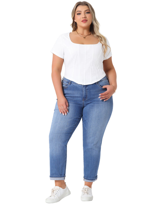 Women Plus Size Top Basic Short Sleeve Square Neck Slim Fitted Crop Tops