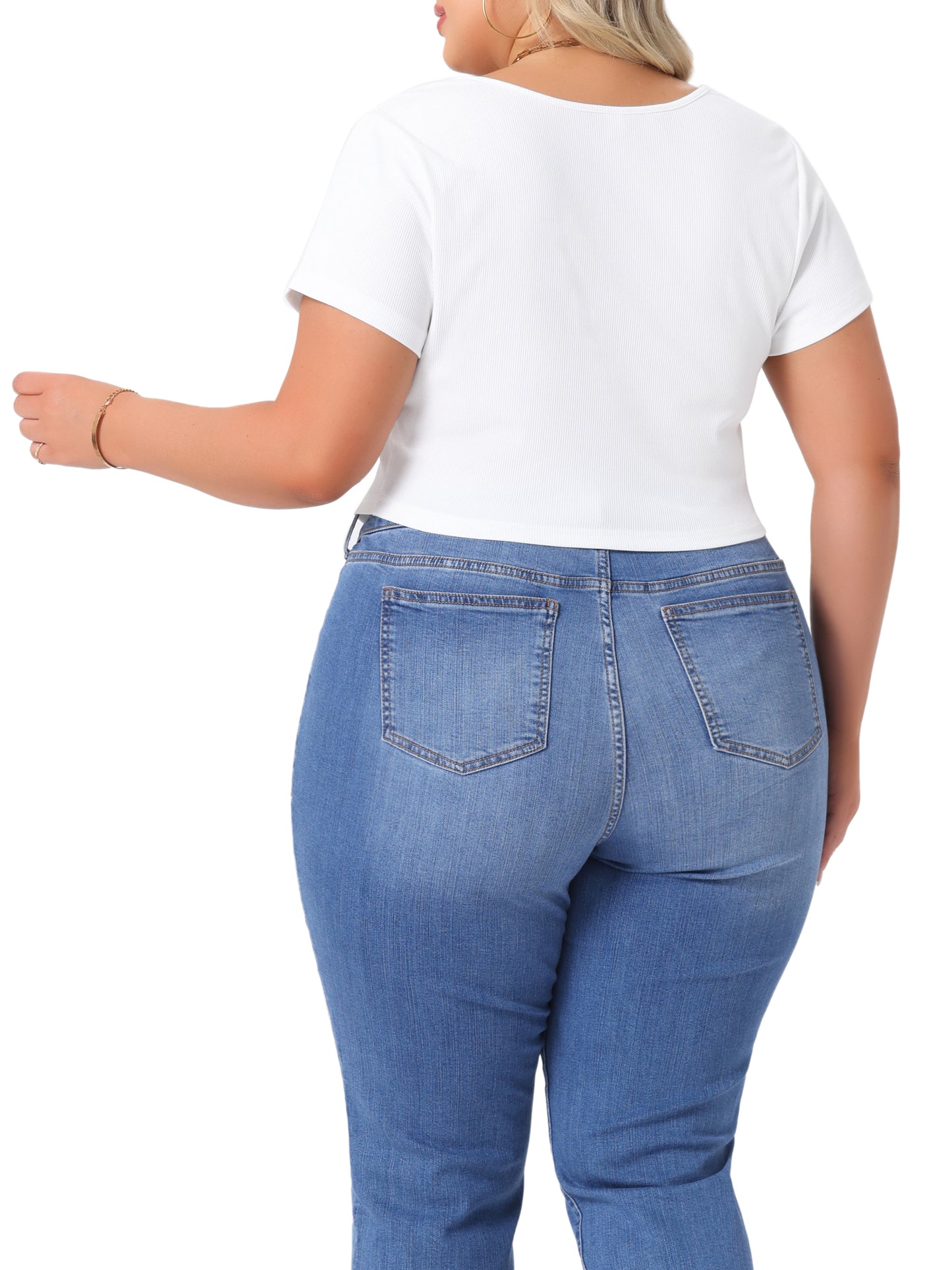 Women Plus Size Top Basic Short Sleeve Square Neck Slim Fitted Crop Tops