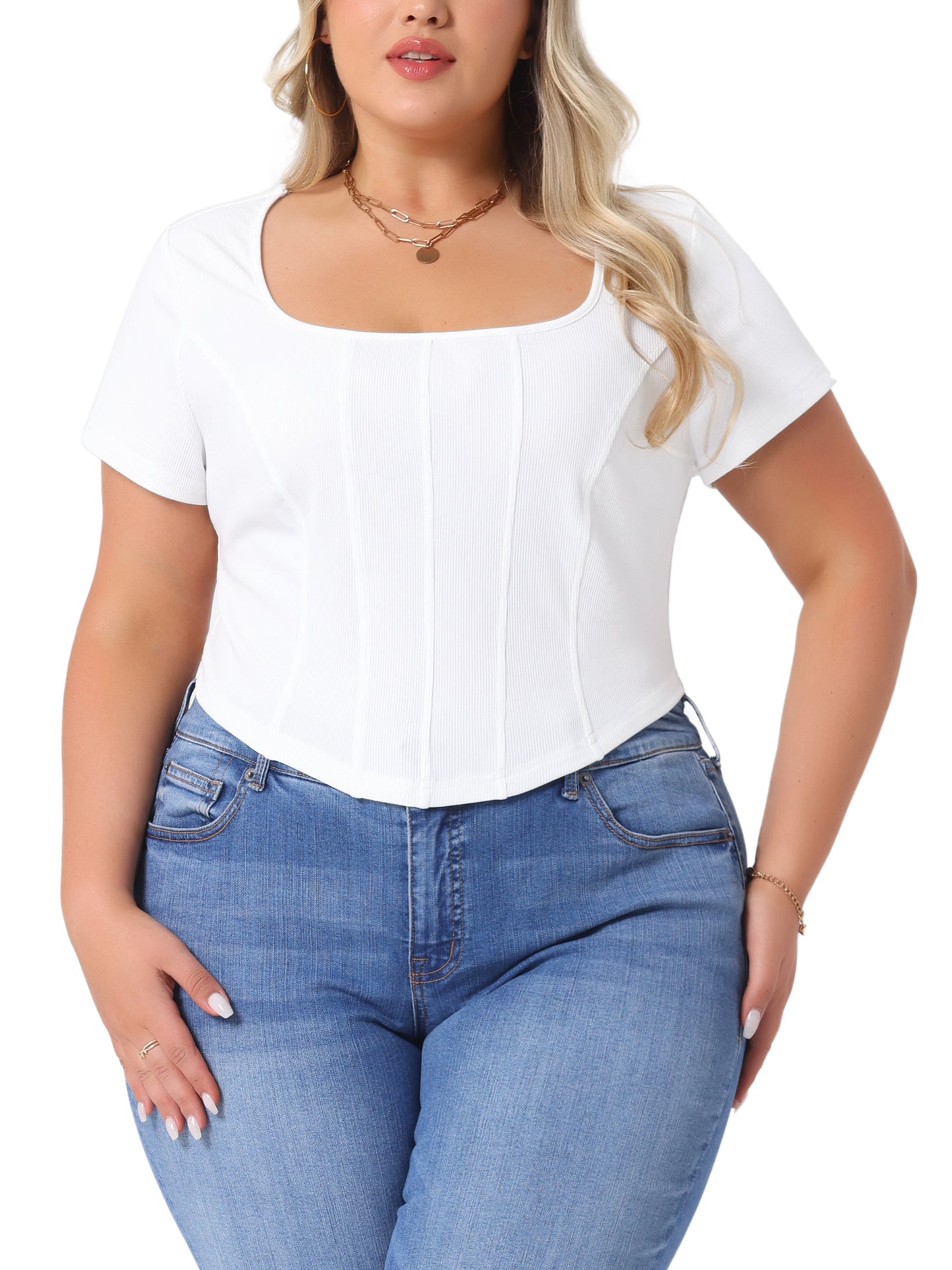 Women Plus Size Top Basic Short Sleeve Square Neck Slim Fitted Crop Tops