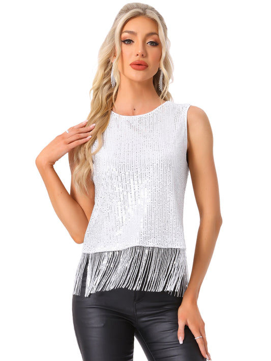 Women's Sequin Top Party Fringe Hem Sleeveless Round Neck Club Tank