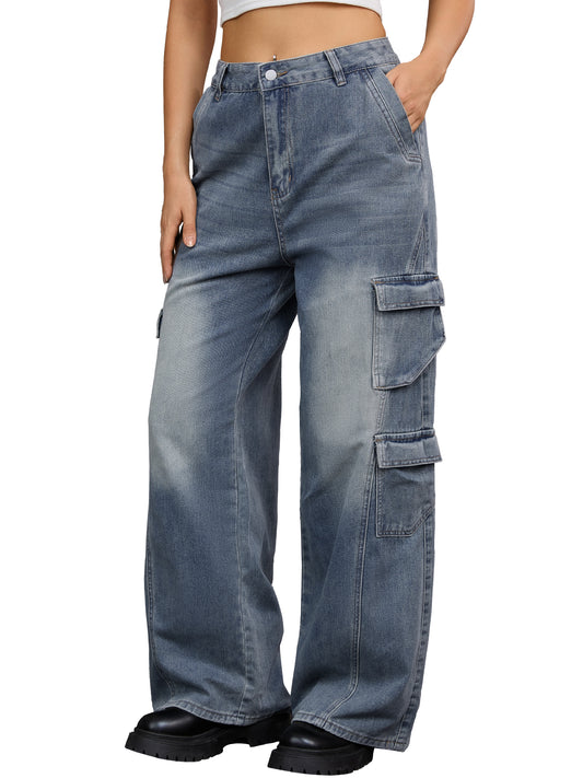 Women's Baggy Jeans Straight Leg High Waist Multi-Pocket Buttoned Loose Casual Cargo Denim Pants Streetwear