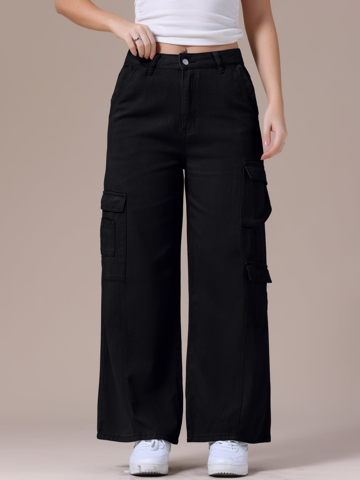 Pantalones vaqueros holgados para mujer, de pierna recta, cintura alta, con múltiples bolsillos, abotonados, sueltos, informales, estilo cargo, ropa de calle