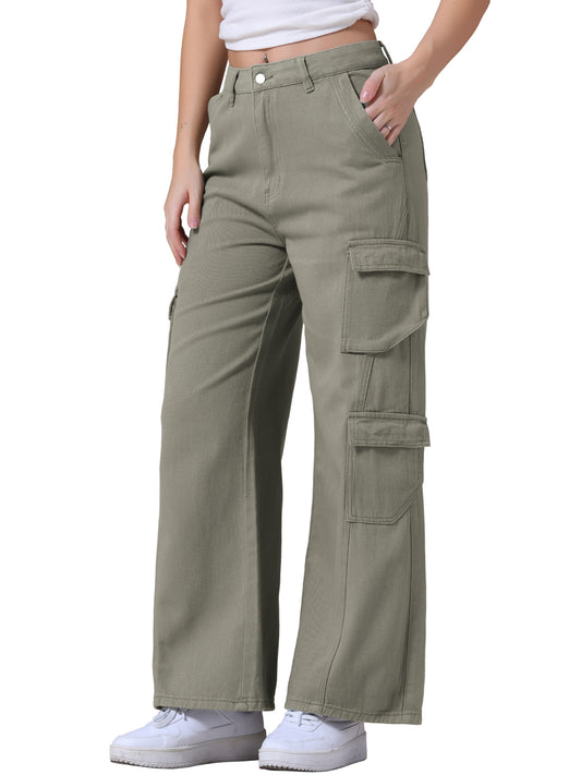Pantalones vaqueros holgados para mujer, de pierna recta, cintura alta, con múltiples bolsillos, abotonados, sueltos, informales, estilo cargo, ropa de calle
