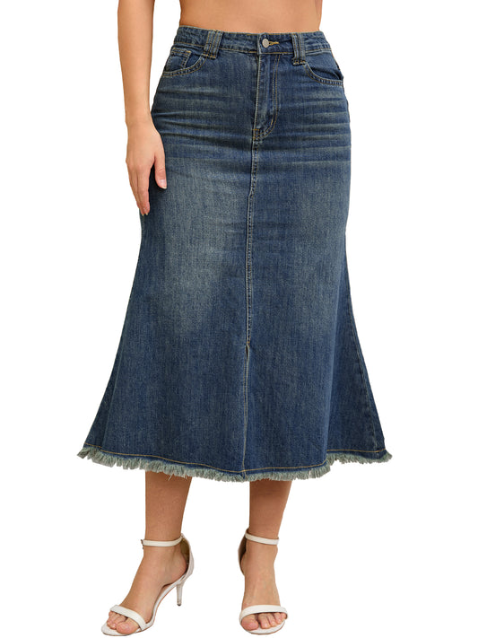 Women's High Waisted A-Line Fishtail Denim Maxi Skirt with Slit