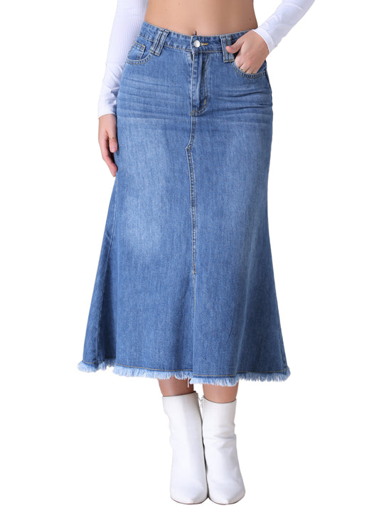 Women's High Waisted A-Line Fishtail Denim Maxi Skirt with Slit