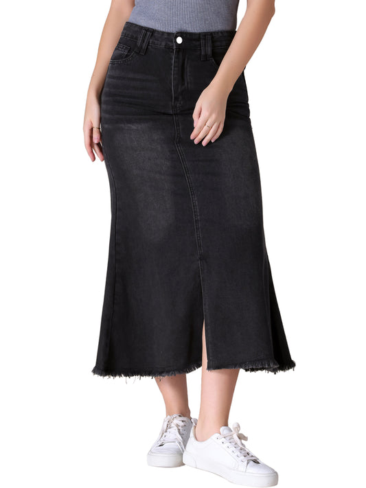 Women's High Waisted A-Line Fishtail Denim Maxi Skirt with Slit