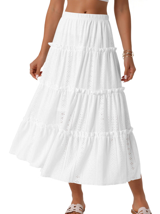 Women's Elastic Waist Tiered A Line Eyelet Ruffle Boho Long Summer Maxi Skirt