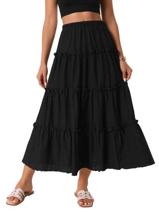 Women's Elastic Waist Tiered A Line Eyelet Ruffle Boho Long Summer Maxi Skirt
