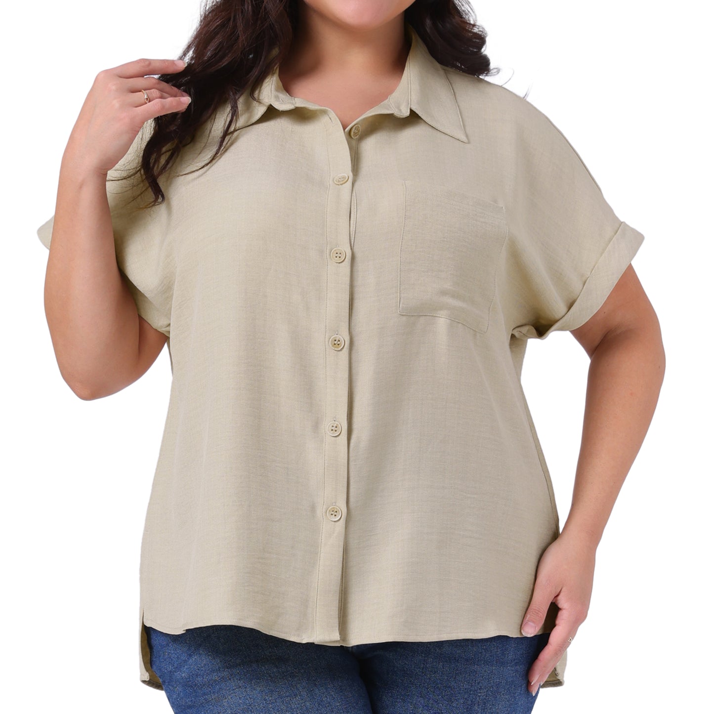 Women Plus Size Shirts Button Down Chest Pocket Short Sleeve Summer Causal Top