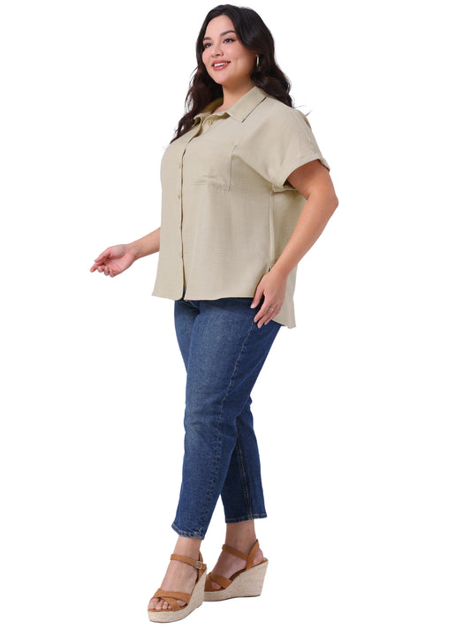 Women Plus Size Shirts Button Down Chest Pocket Short Sleeve Summer Causal Top