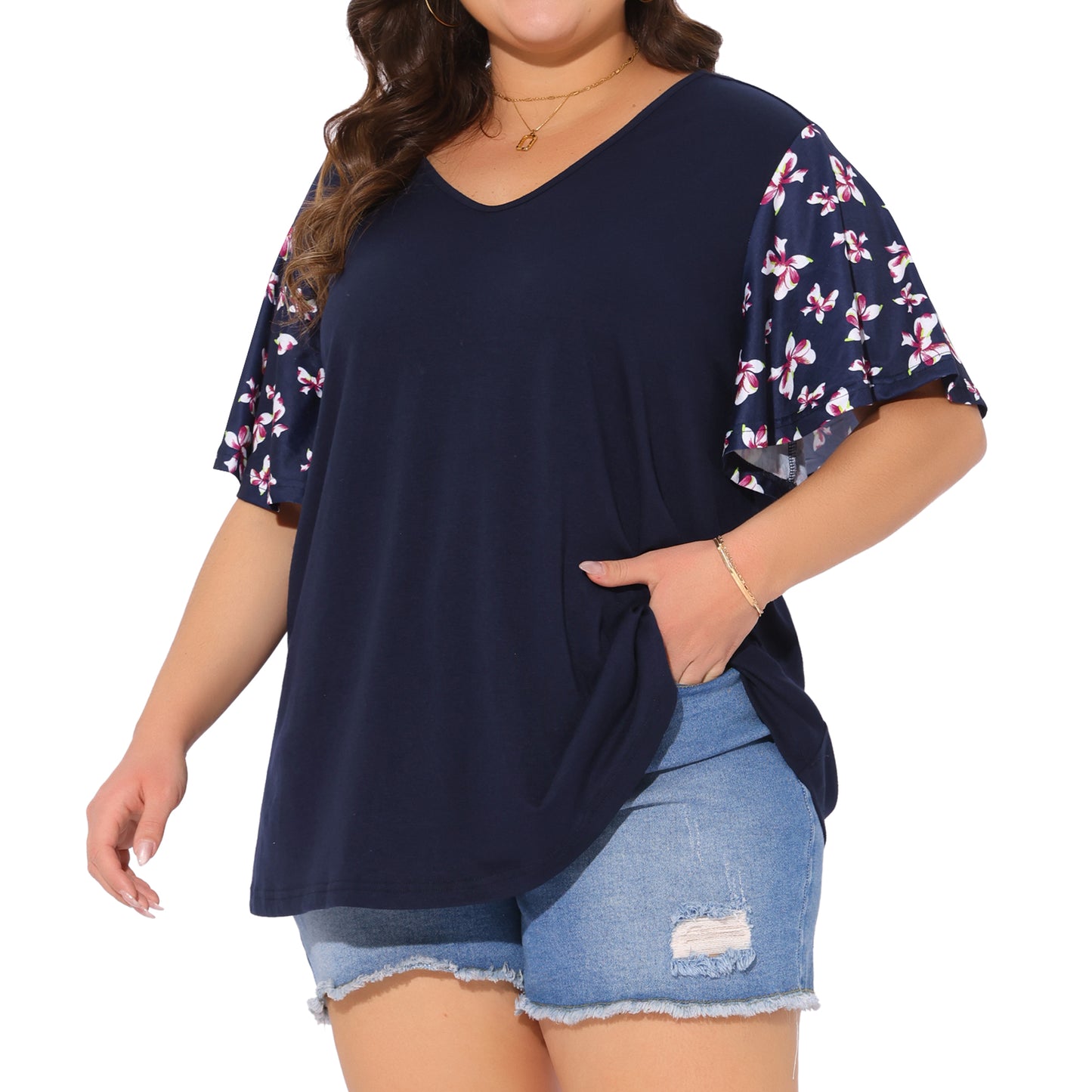 Women's Plus Size T Shirt Top V Neck Floral Flutter Short Sleeve Summer Blouse Top