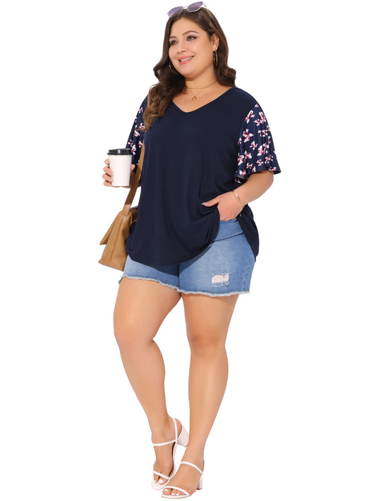 Women's Plus Size T Shirt Top V Neck Floral Flutter Short Sleeve Summer Blouse Top
