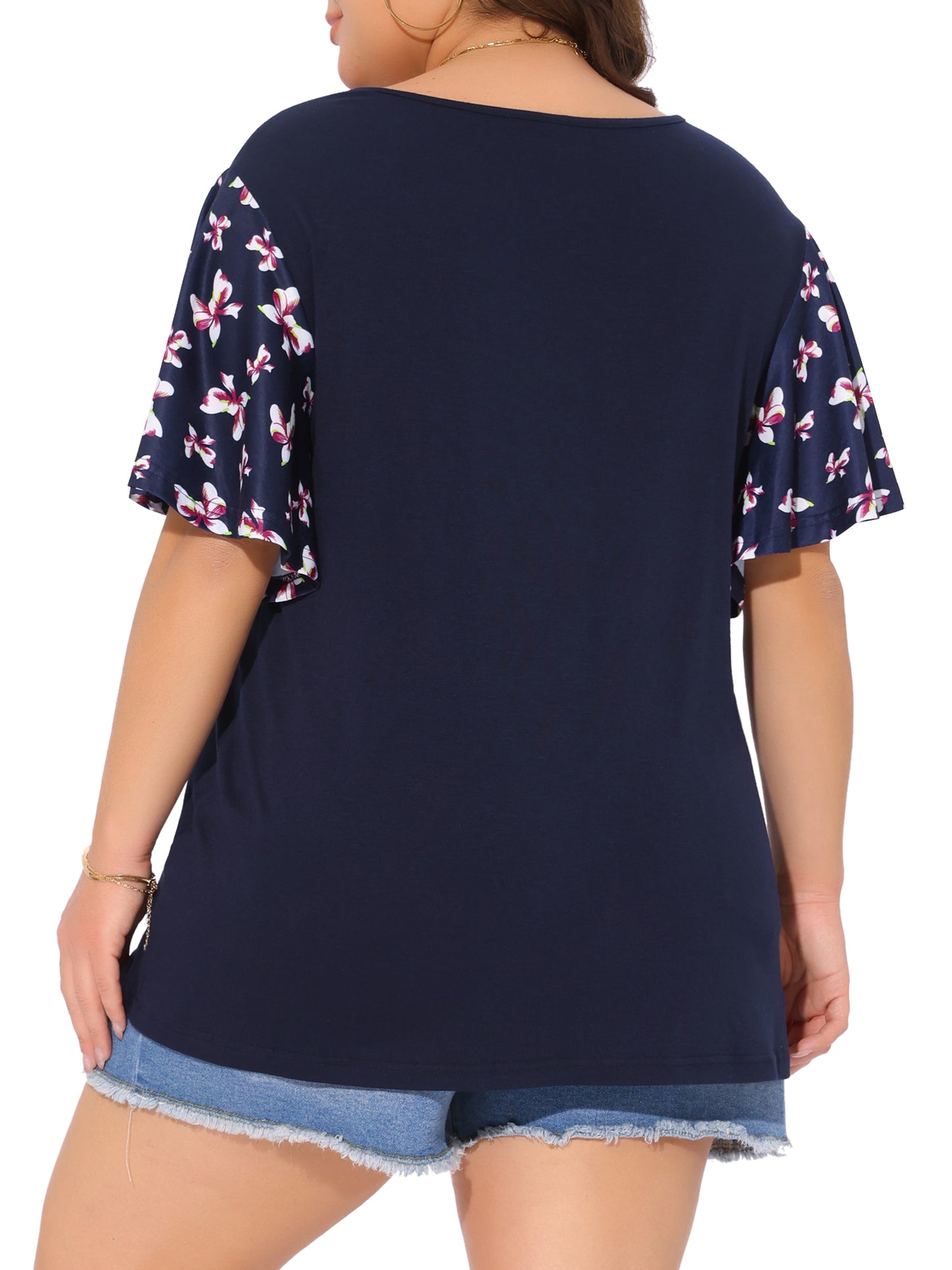 Women's Plus Size T Shirt Top V Neck Floral Flutter Short Sleeve Summer Blouse Top