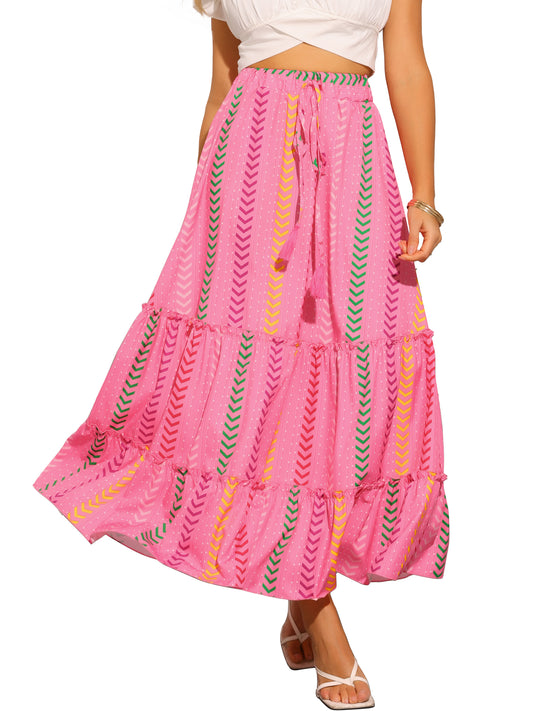 Women's Boho Tassels Straps Flowy Tiered Pleated Maxi Skirt