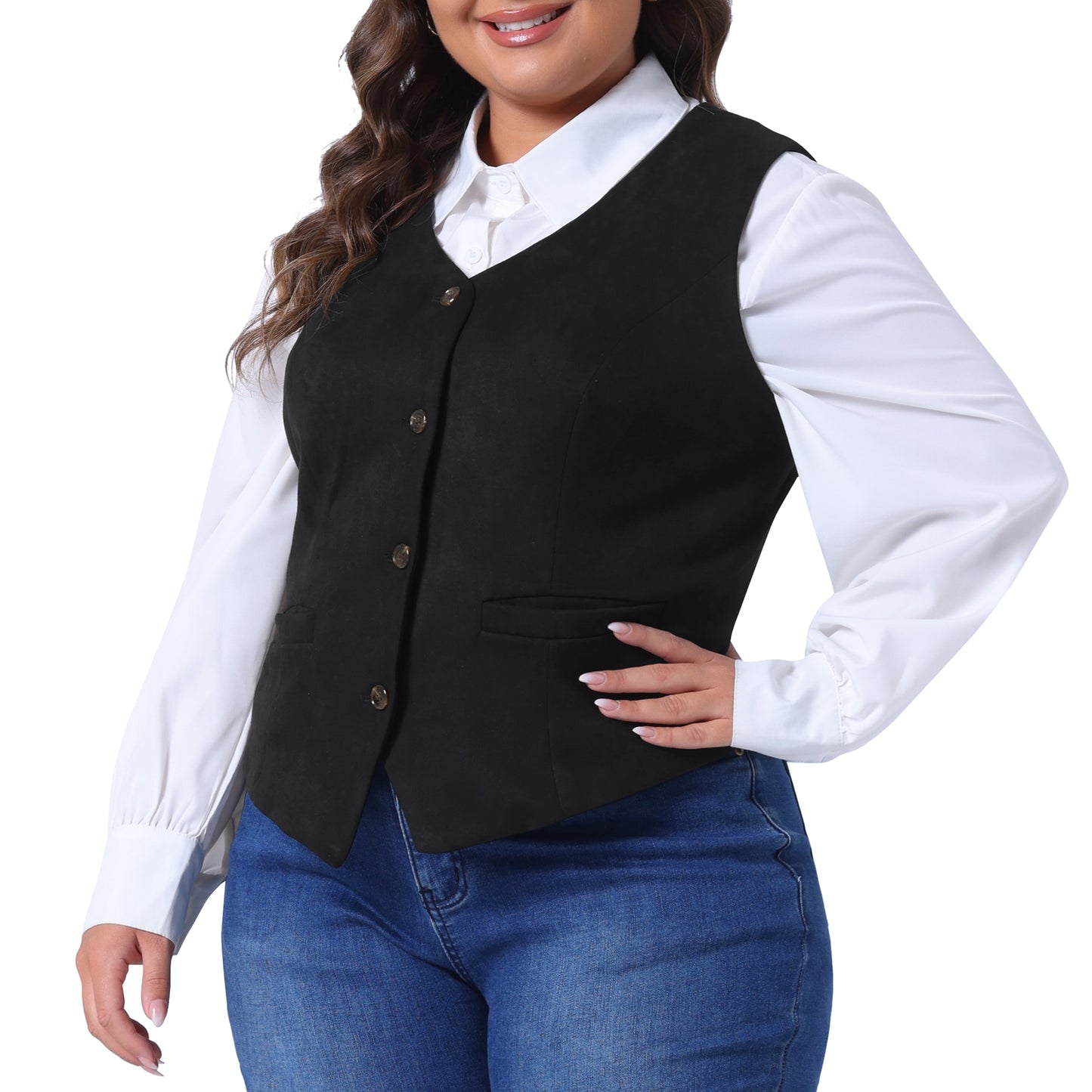 Women Plus Size Vests Fully Lined 4 Button V-Neck Dressy Suit Vest Waistcoat