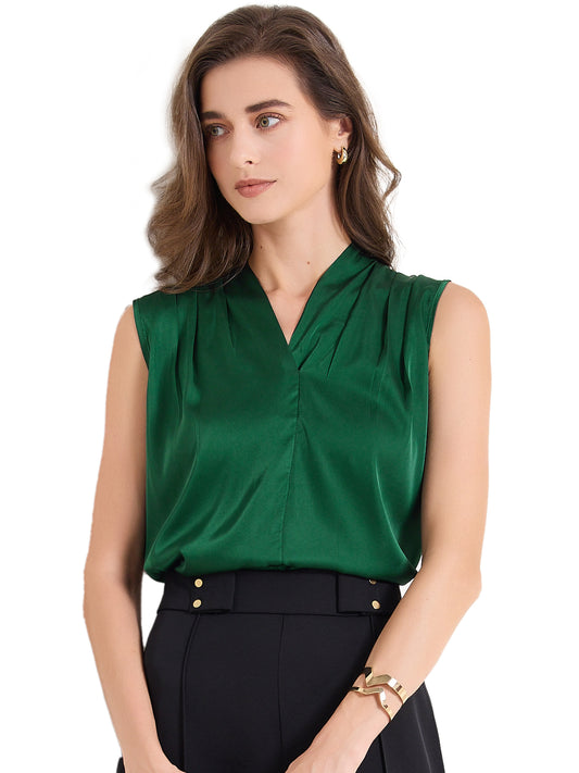 Women's Satin Tank Top V Neck Sleeveless Ruched Summer Tank Shirt