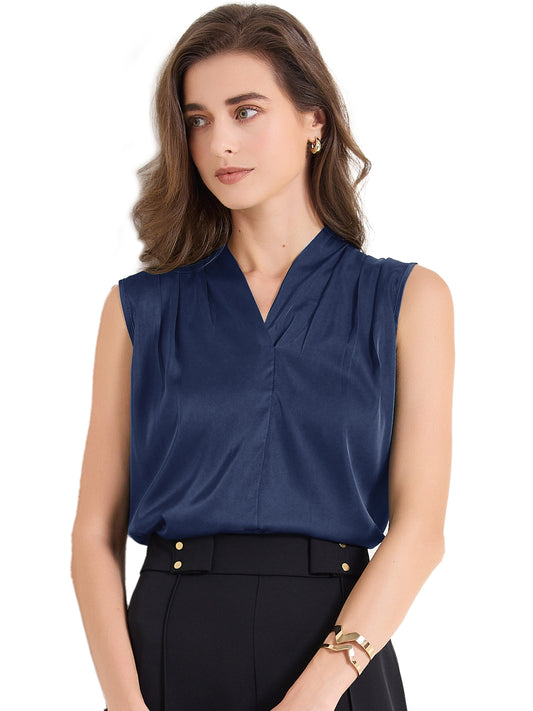 Camiseta de tirantes de satén para mujer, cuello en V, sin mangas, fruncida, de verano