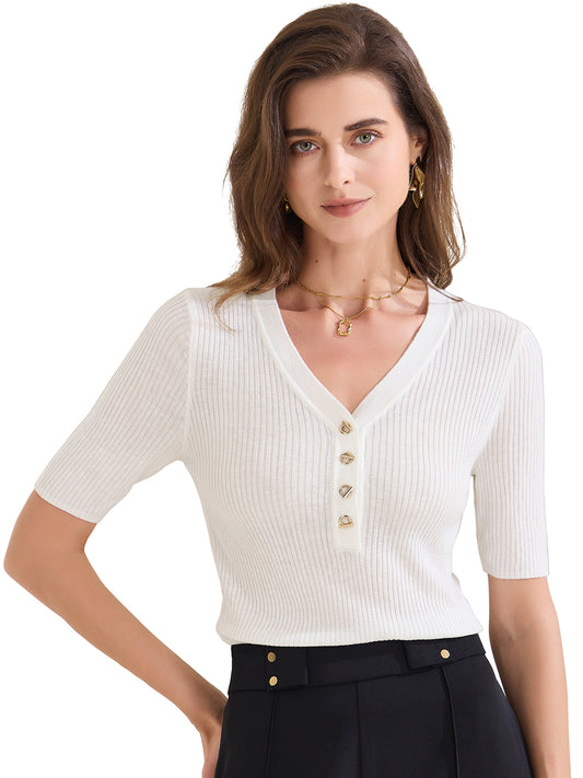 Women's Casual Ribbed Knit Tops V Neck Summer Short Sleeve Tee