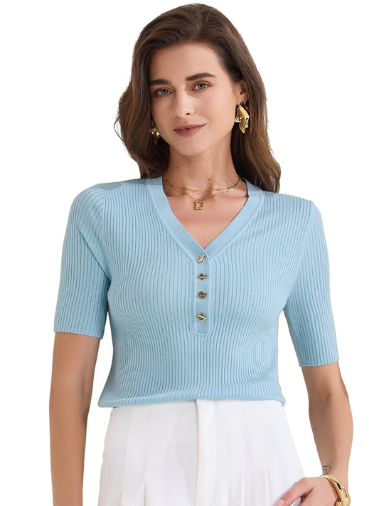 Women's Casual Ribbed Knit Tops V Neck Summer Short Sleeve Tee