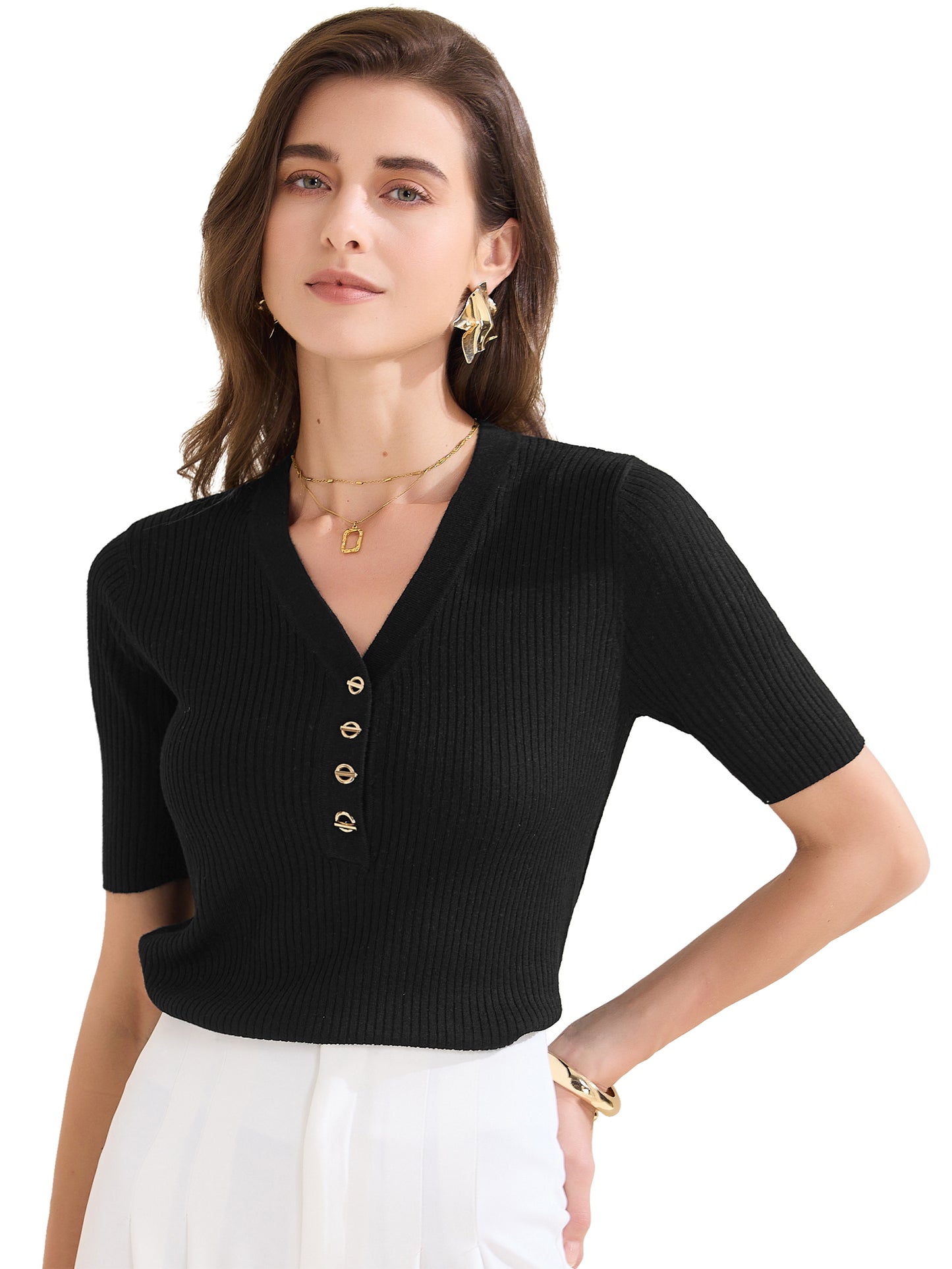 Women's Casual Ribbed Knit Tops V Neck Summer Short Sleeve Tee