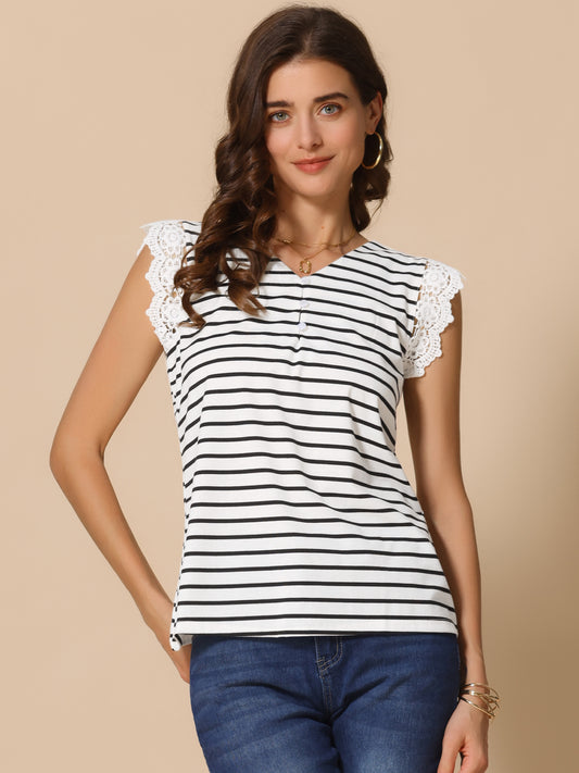 Camisa a rayas para mujer, cuello en V, sin mangas, con encaje y retazos, informal, de verano