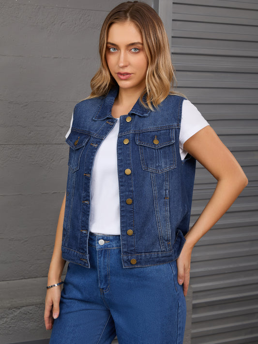 Women's Denim Vest Button Down Chest Flap Pockets Washed Distressed Sleeveless Jean Jacket
