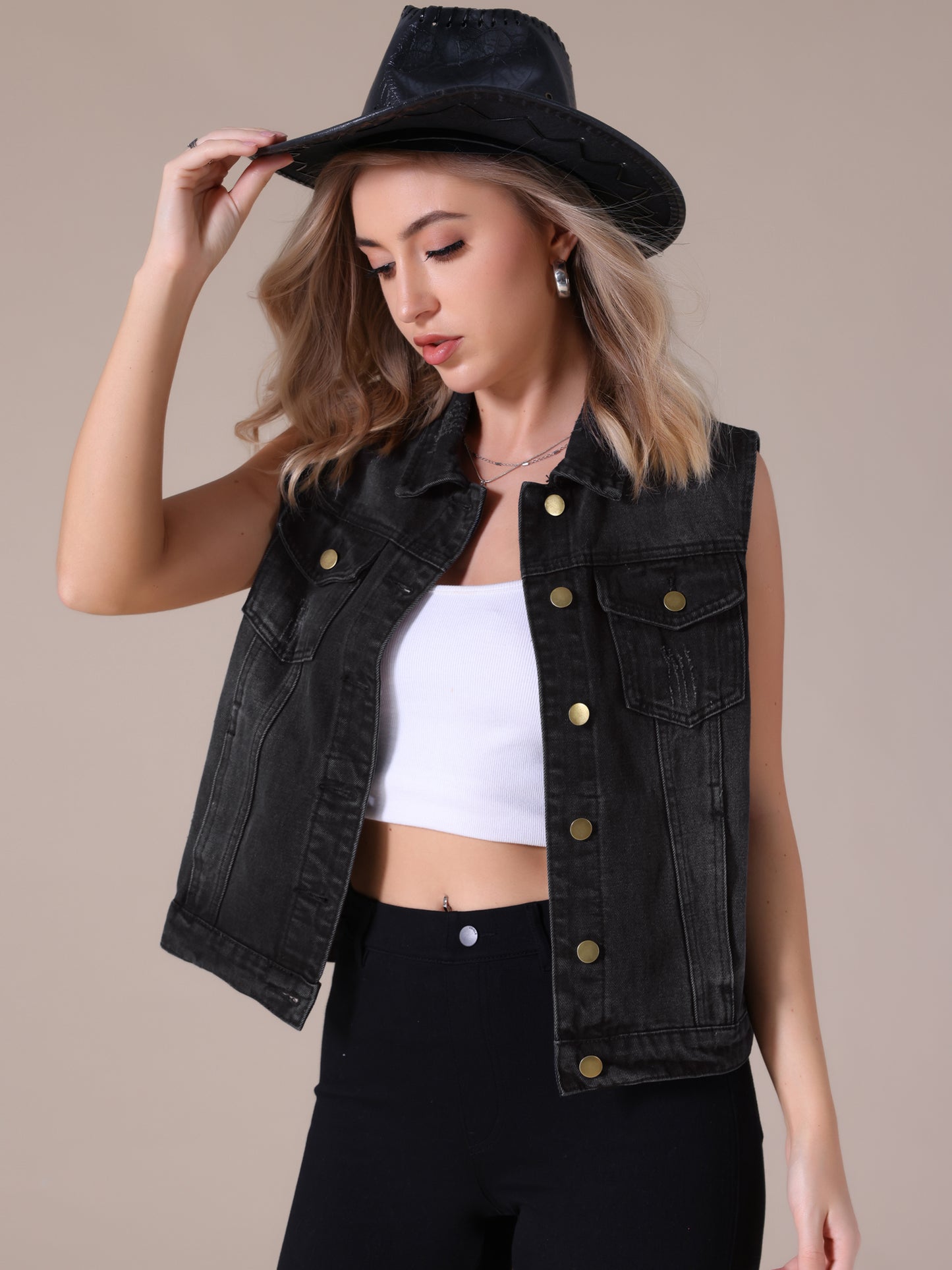 Women's Denim Vest Button Down Chest Flap Pockets Washed Distressed Sleeveless Jean Jacket