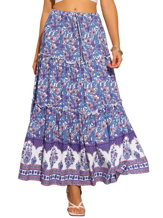 Women's Elastic High Waist Ruffle Floral Print Boho A Line Summer Maxi Skirts