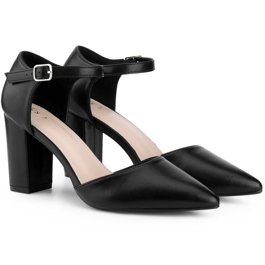 Women Pointed Toe Ankle Strap Dress Pumps Shoes Chunky Heels Pumps
