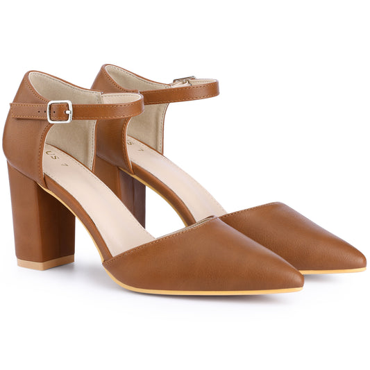 Zapatos de tacón grueso con tiras al tobillo y punta puntiaguda para mujer