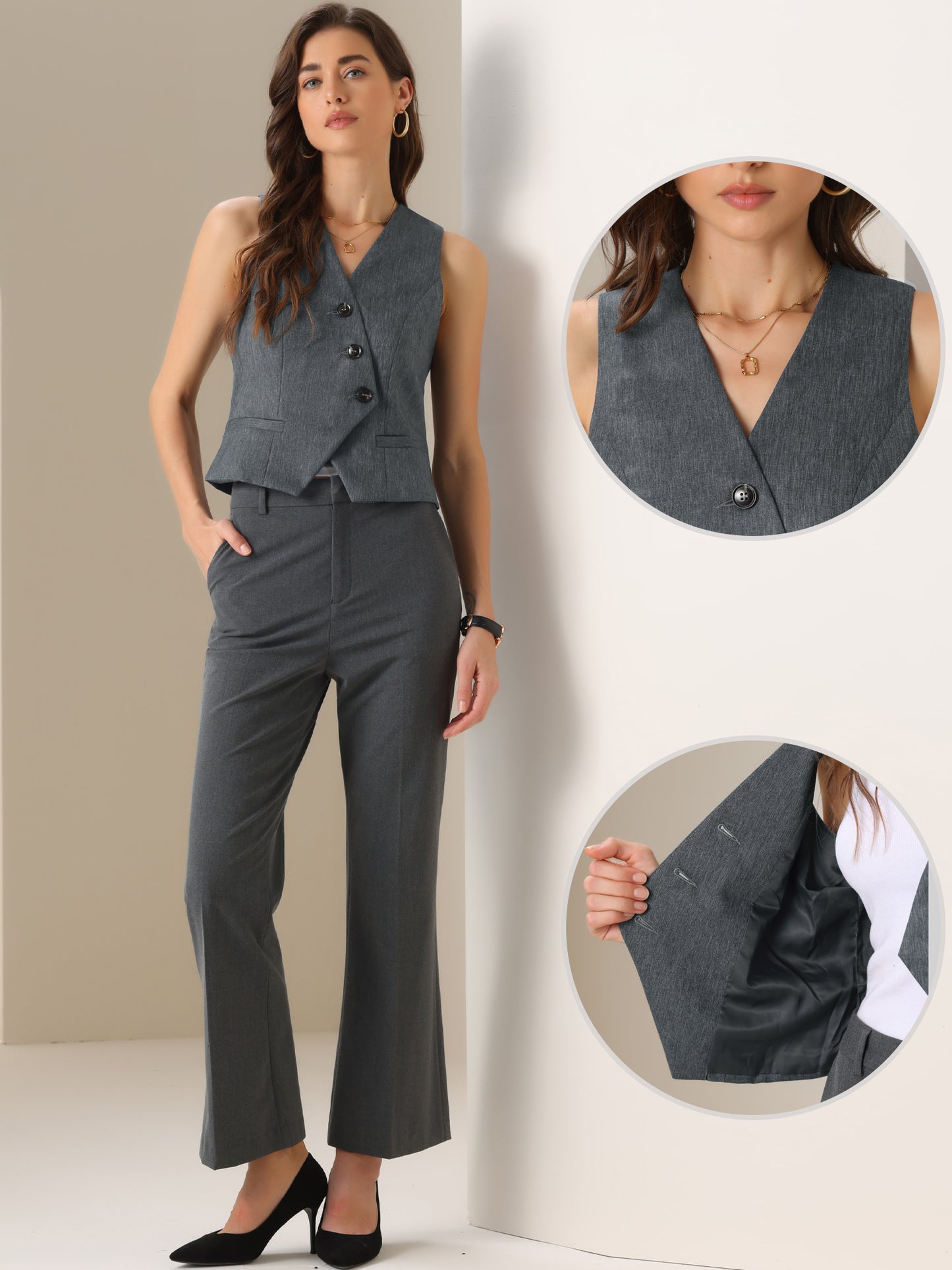 Women's V-Neck Button-Down Work Business Blazer Suit Vest
