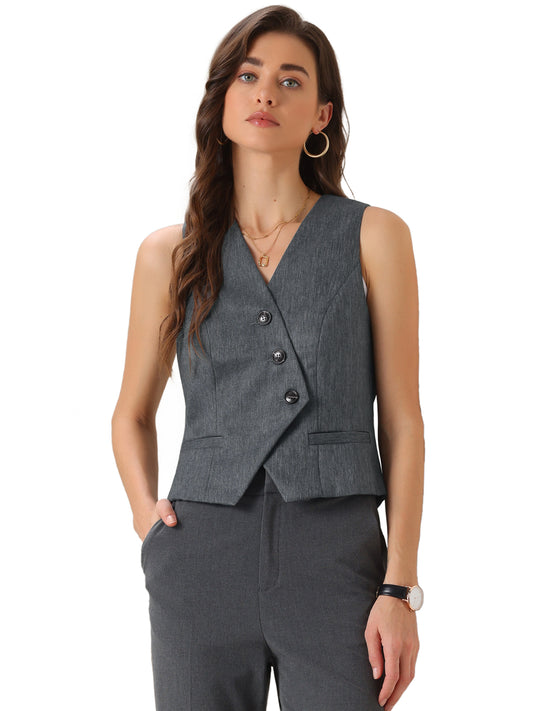 Women's V-Neck Button-Down Work Business Blazer Suit Vest