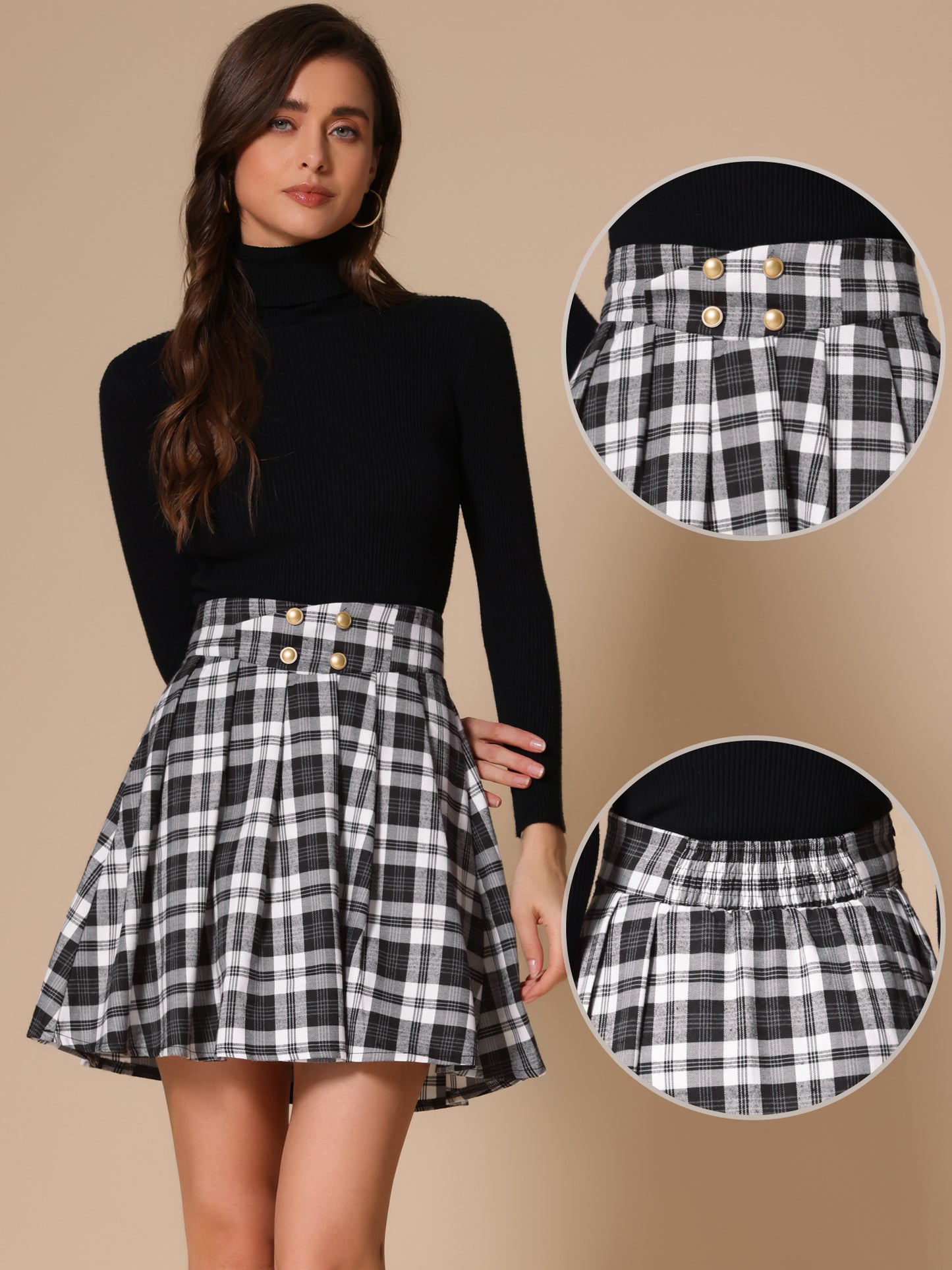 Women's Plaid Skirt Tartan Double Breasted A-Line Pleated Vintage Mini Skirts