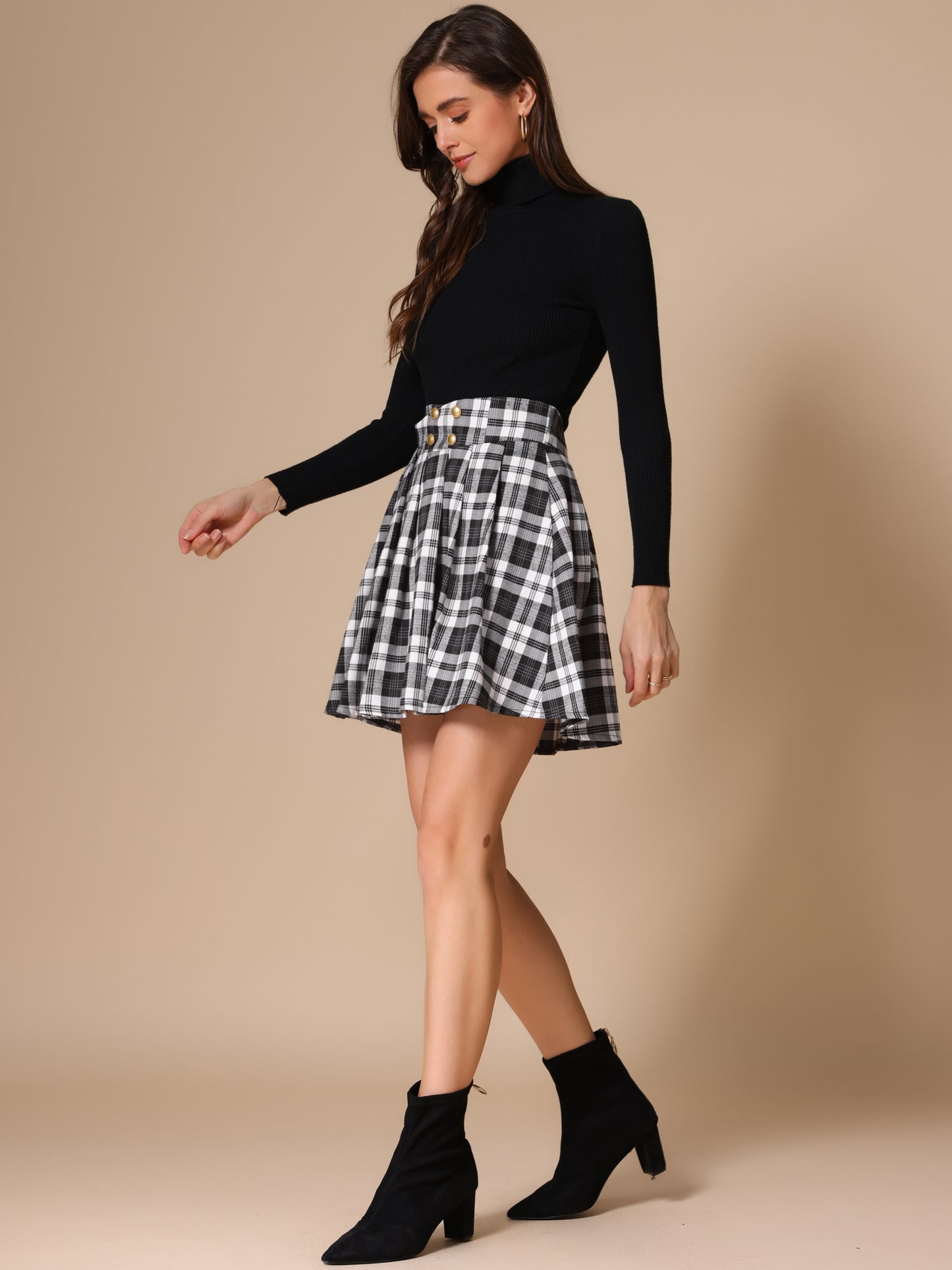 Women's Plaid Skirt Tartan Double Breasted A-Line Pleated Vintage Mini Skirts