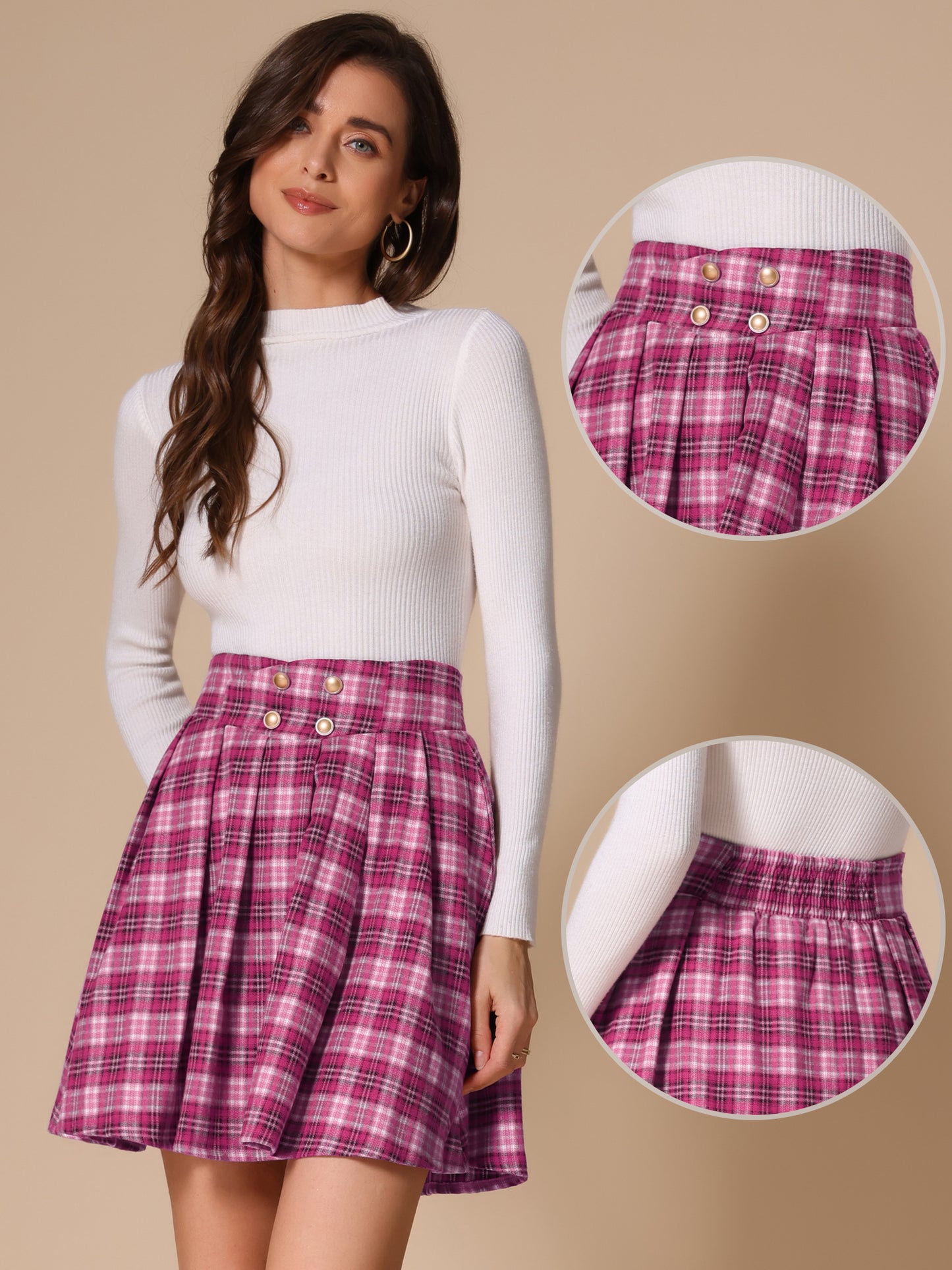 Women's Plaid Skirt Tartan Double Breasted A-Line Pleated Vintage Mini Skirts