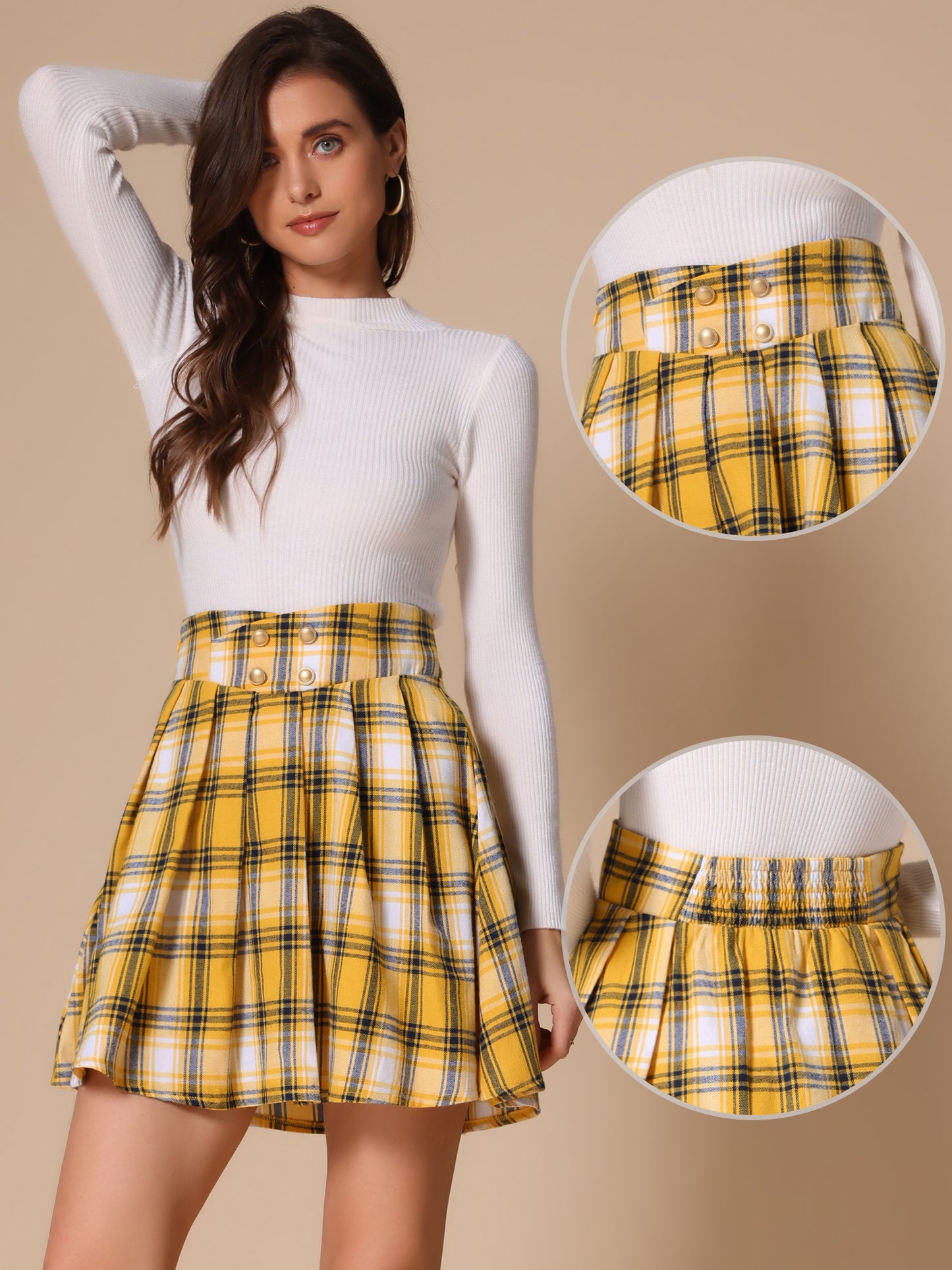 Women's Plaid Skirt Tartan Double Breasted A-Line Pleated Vintage Mini Skirts