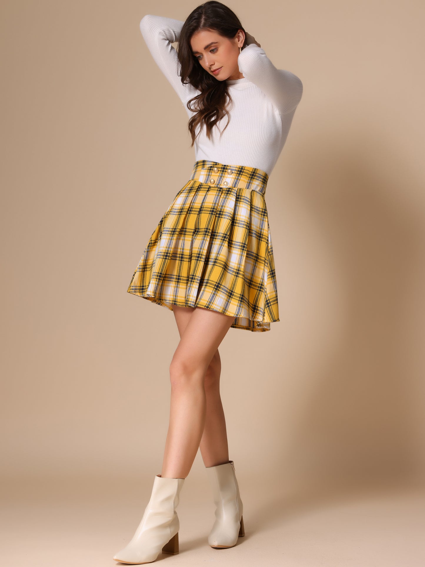 Women's Plaid Skirt Tartan Double Breasted A-Line Pleated Vintage Mini Skirts