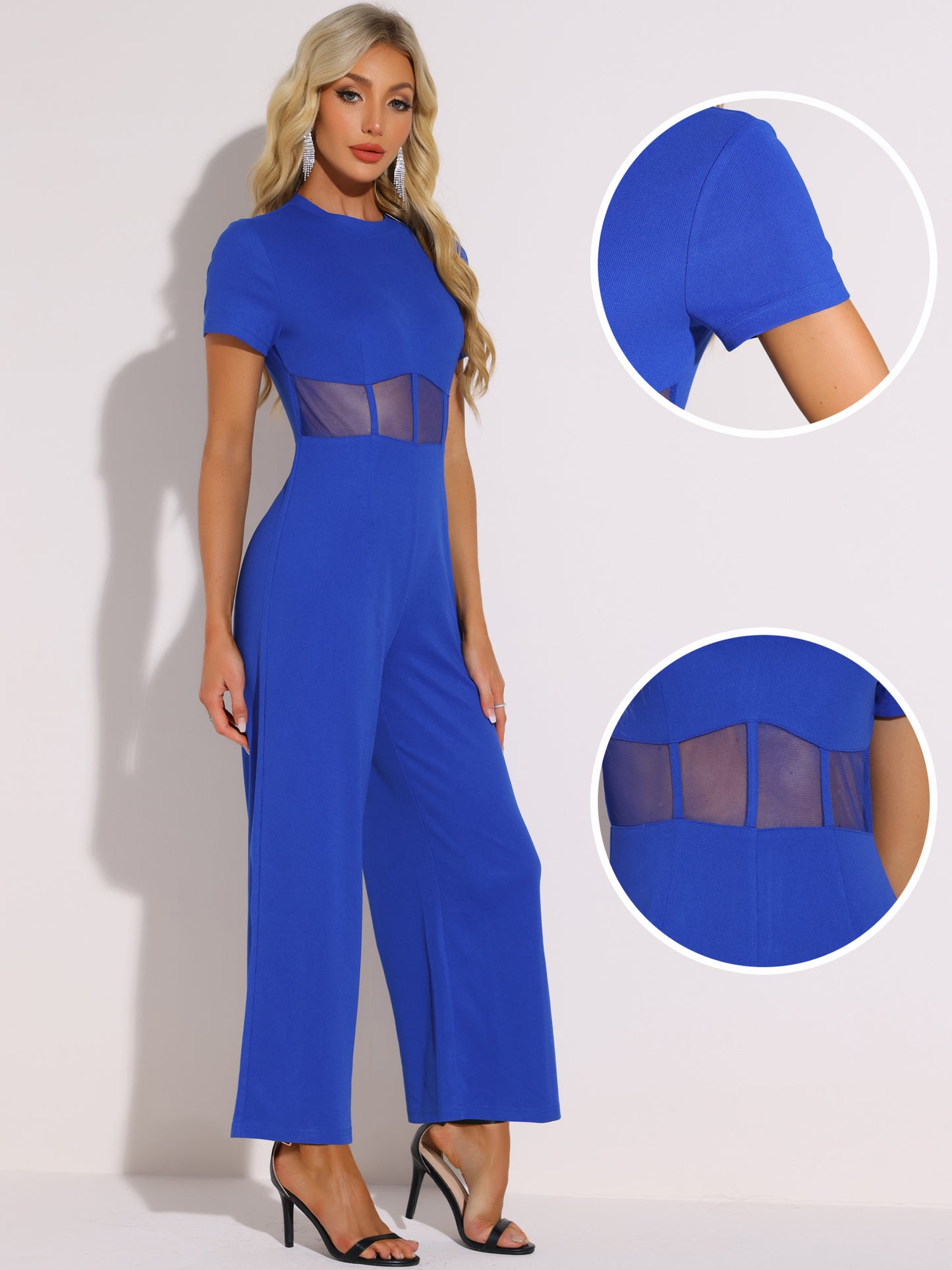 Women's Outfits Casual Crewneck Mesh Sheer Wide Leg Jumpsuit