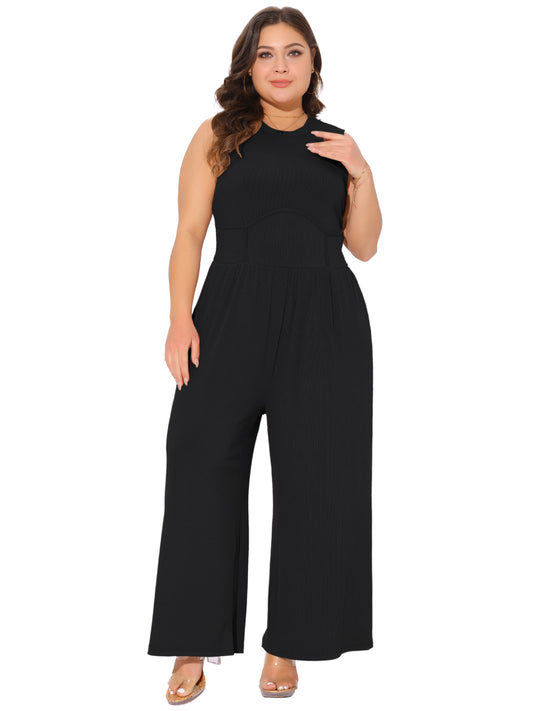 Women Plus Size Jumpsuit Sleeveless Crew Neck Overalls Dressy Wide Leg with Pocket Rompers Summer