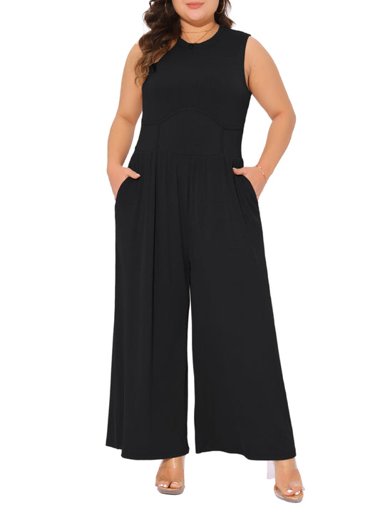 Mono de talla grande para mujer, sin mangas, con cuello redondo, elegante, de pierna ancha y con bolsillos, para verano