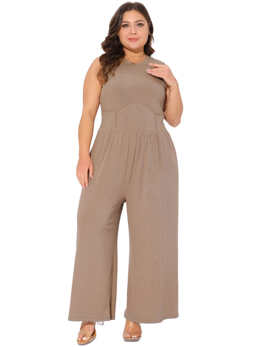 Women Plus Size Jumpsuit Sleeveless Crew Neck Overalls Dressy Wide Leg with Pocket Rompers Summer