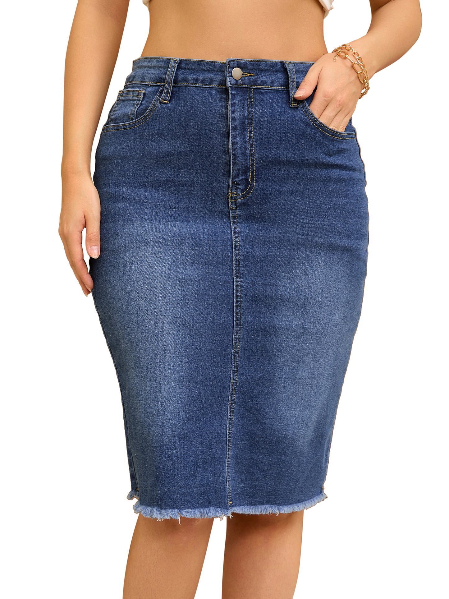 Women's Denim Skirt Raw Hem High Waisted Pockets Stretch Knee Length Jean Skirt