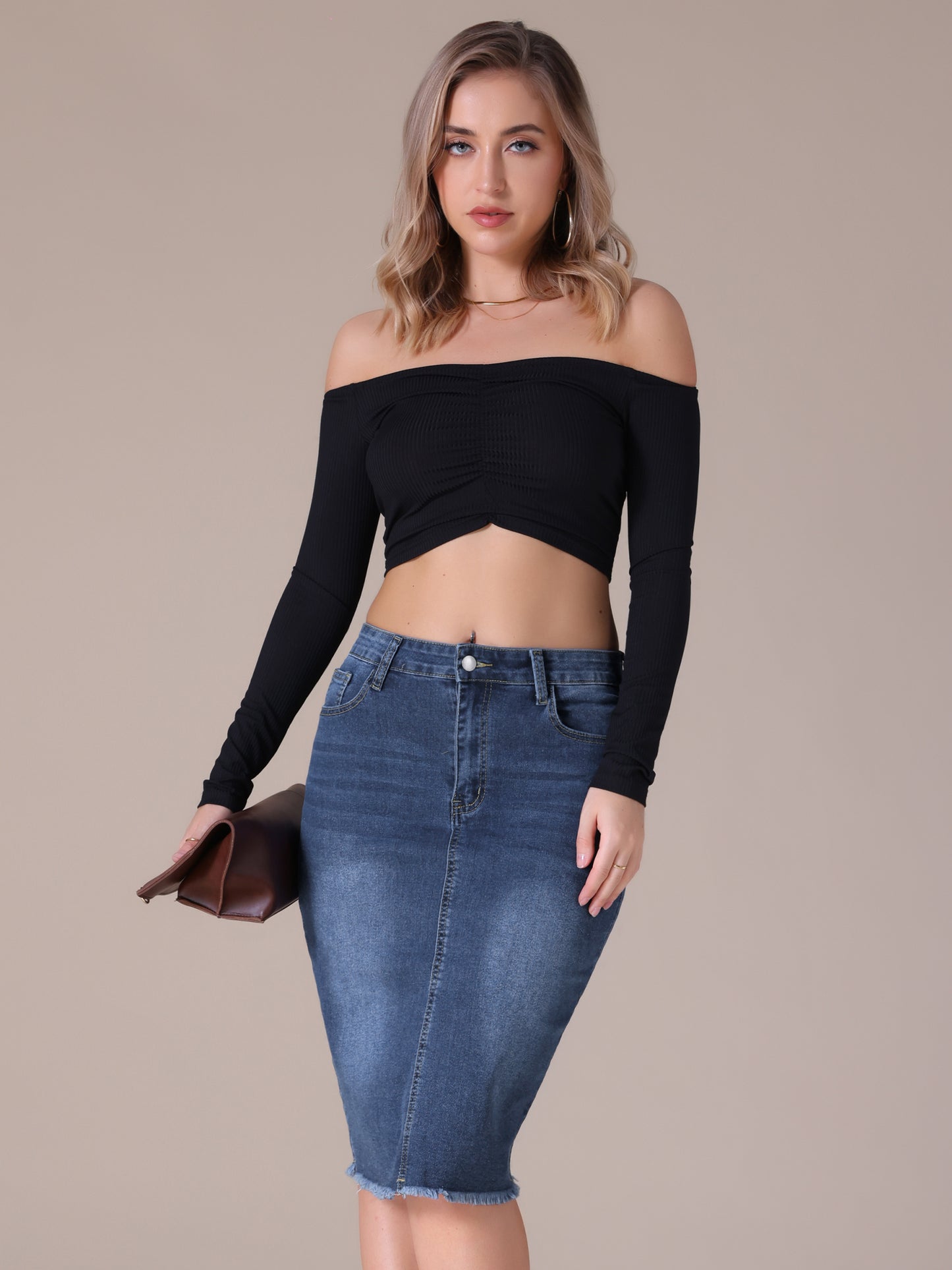 Women's Denim Skirt Raw Hem High Waisted Pockets Stretch Knee Length Jean Skirt