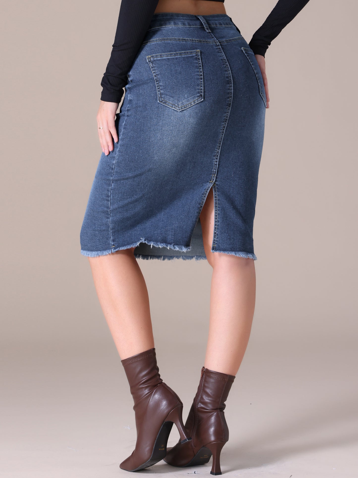 Women's Denim Skirt Raw Hem High Waisted Pockets Stretch Knee Length Jean Skirt