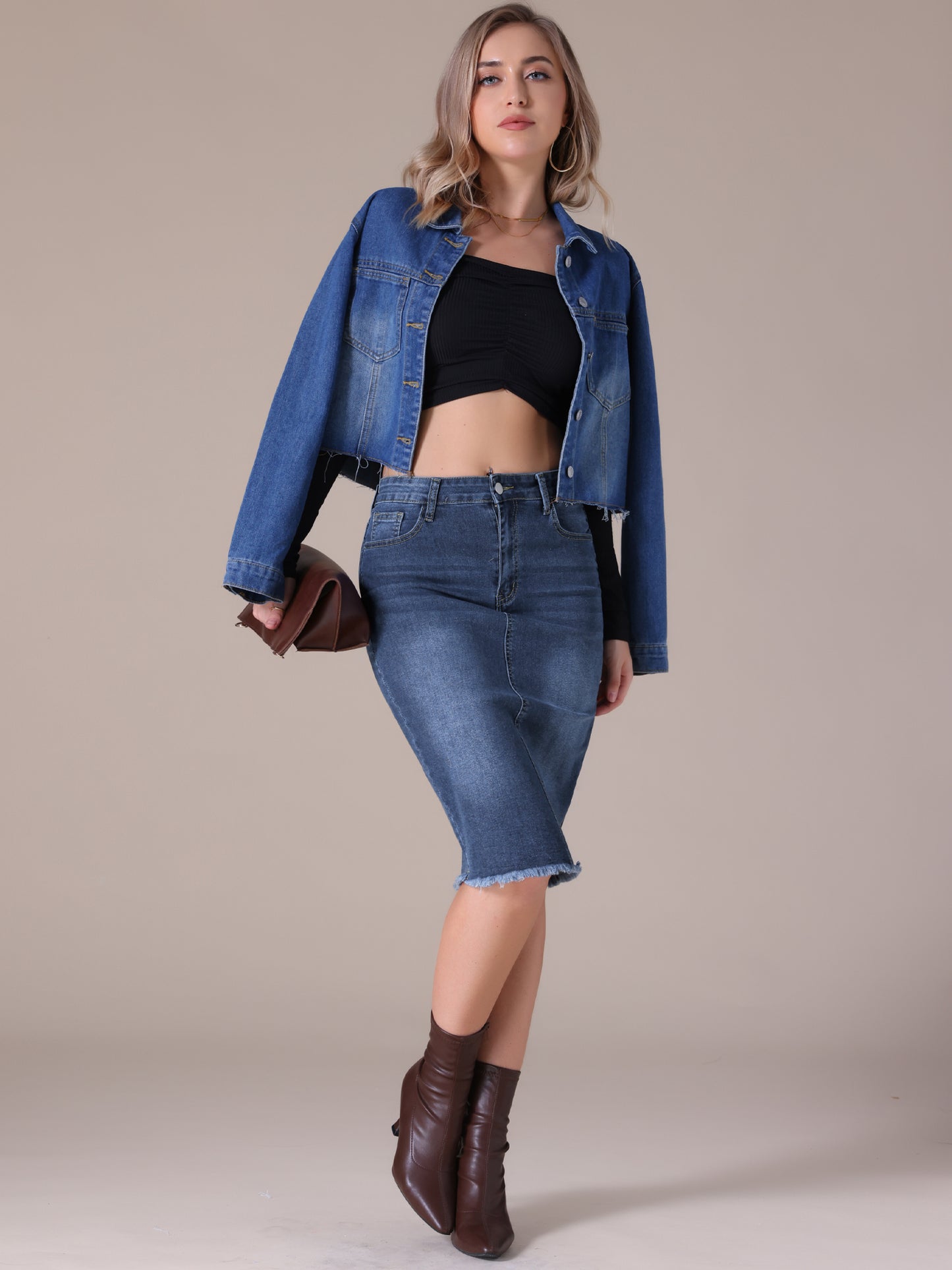 Women's Denim Skirt Raw Hem High Waisted Pockets Stretch Knee Length Jean Skirt